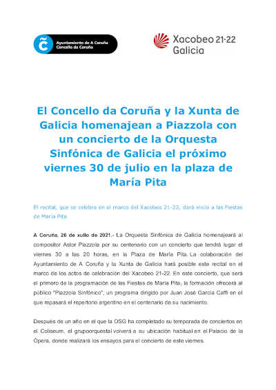 El Concello da Coruña y la Xunta de Galicia homenajean a Astor Piazzola con la Orquesta Sinfónica de Galicia