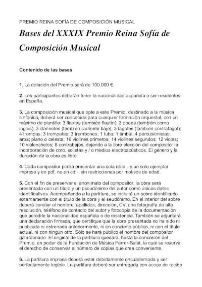 Fundació de Música Ferrer-Salat presenta las bases de la XXXIX edición del Premio Reina Sofía de Composición Musical