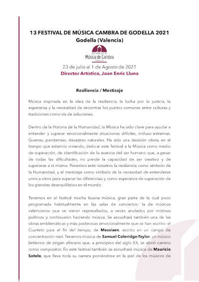 El Festival Internacional de Música de Cámara de Godella presenta su edición 2021