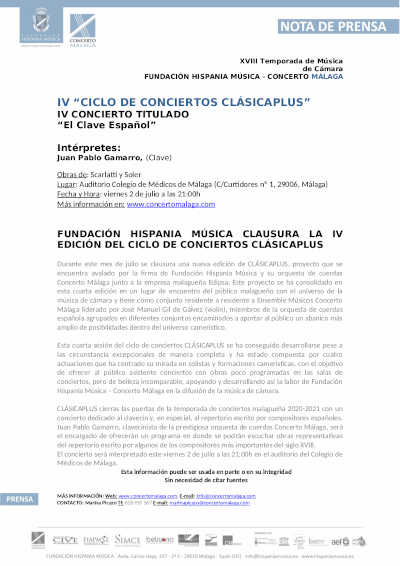 Finaliza el IV Ciclo de Conciertos Clásicaplus con el concierto titulado «El Clave Español»