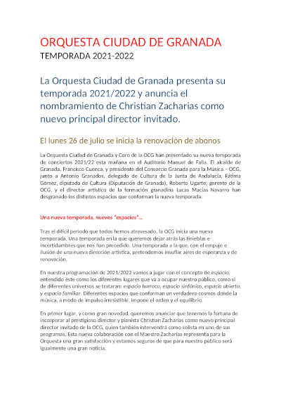 La Orquesta Ciudad de Granada presenta su temporada 2021/2022 y anuncia el nombramiento de Christian Zacharias