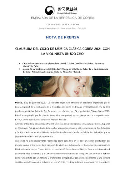 Clausura del Ciclo de Música Clásica Corea 2021 con la violinista Jinjoo Cho