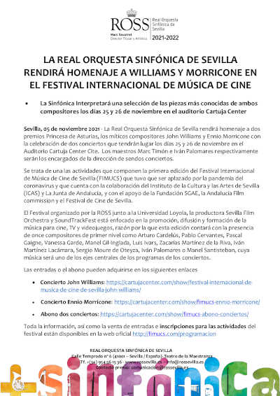 La Real Orquesta Sinfónica de Sevilla rendirá homenaje a Williams y Morricone
