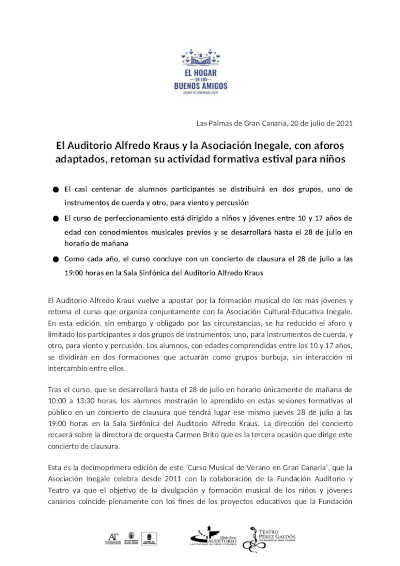 El Auditorio Alfredo Kraus y la Asociación Inegale, con aforos adaptados, retoman su actividad formativa estival para niños
