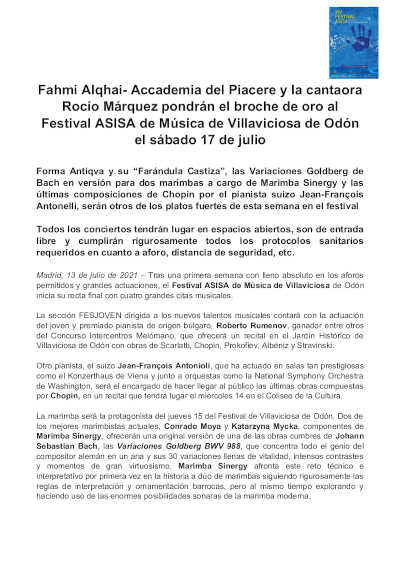 Fahmi Alqhai, Accademia del Piacere y la cantaora Rocío Márquez pondrán el broche de oro al Festival ASISA