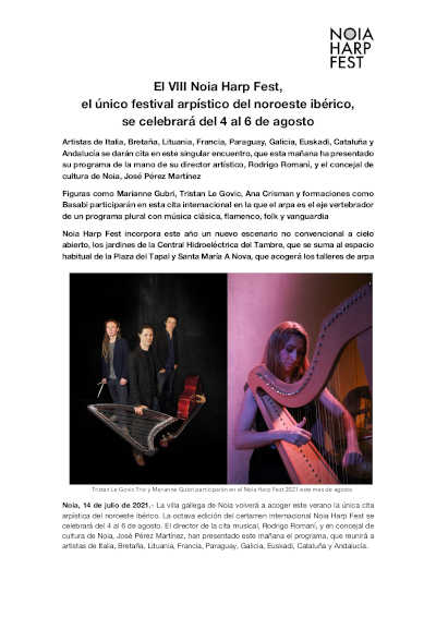 Noia Harp Fest, el único festival arpístico del noroeste ibérico, anuncia su VIII edición
