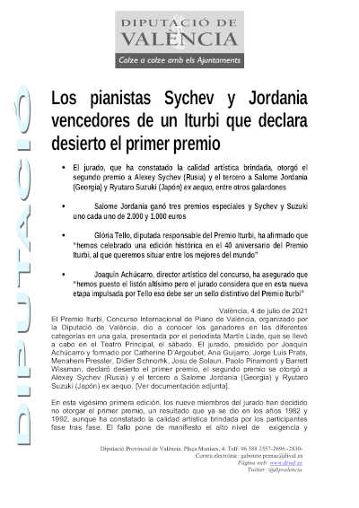 Los pianistas Sychev y Jordania vencedores de un Iturbi que declara desierto el primer premio