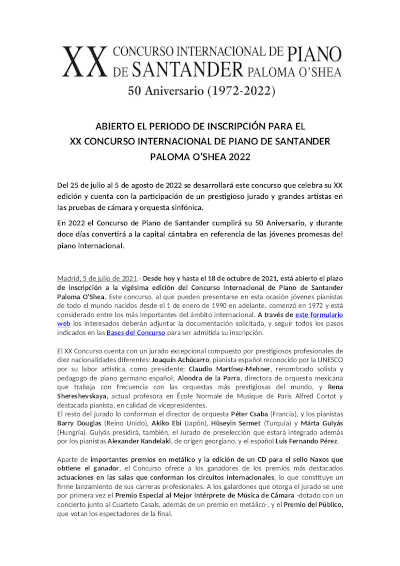 Abierto el período de inscripción para el XX Concurso Internacional de Piano de Santander Paloma O’Shea