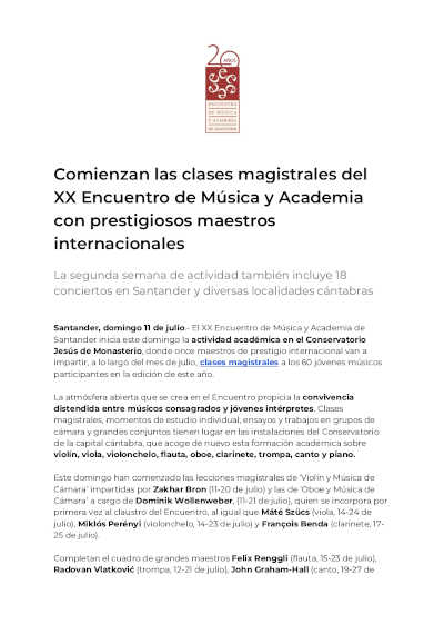 Comienzan las clases magistrales del XX Encuentro de Música y Academia con prestigiosos maestros internacionales Comienzan las clases magistrales del XX Encuentro de Música y Academia con prestigiosos maestros internacionales