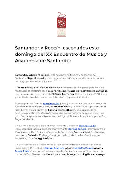 Santander y Reocín, escenarios este domingo del XX Encuentro de Música y Academia de Santander Santander y Reocín, escenarios este domingo del XX Encuentro de Música y Academia de Santander