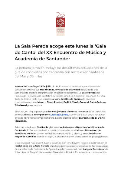 La Sala Pereda acoge este lunes la ‘Gala de Canto’ del XX Encuentro de Música y Academia de Santander