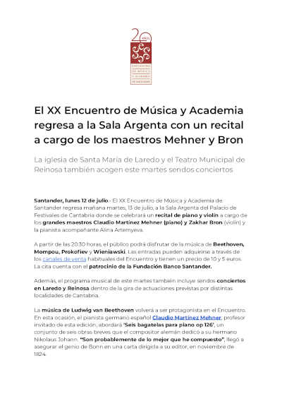 El XX Encuentro de Música y Academia regresa a la Sala Argenta con un recital a cargo de los maestros Mehner y Bron