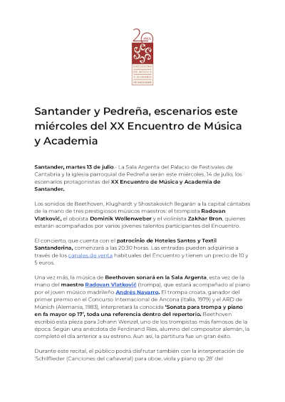Santander y Pedreña, escenarios este miércoles del XX Encuentro de Música y Academia Santander y Pedreña, escenarios este miércoles del XX Encuentro de Música y Academia