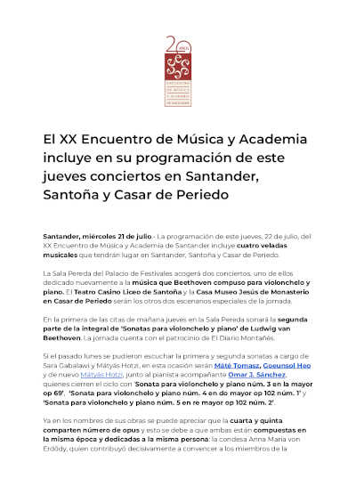 El XX Encuentro de Música y Academia incluye conciertos en Santander, Santoña y Casar de Periedo