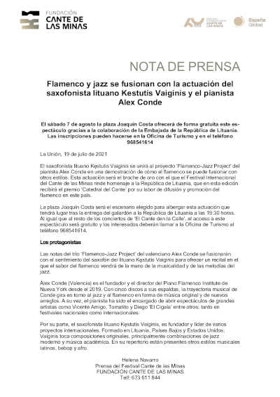 Flamenco y jazz se fusionan con la actuación del saxofonista lituano Kestutis Vaiginis y el pianista Alex Conde
