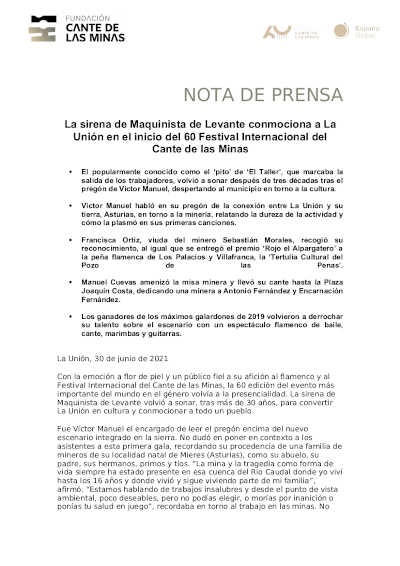 La sirena de Maquinista de Levante conmociona a La Unión al inicio del 60 Festival Internacional del Cante de las Minas