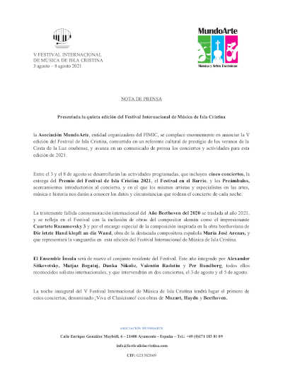 Presentada la quinta edición del Festival Internacional de Música de Isla Cristina