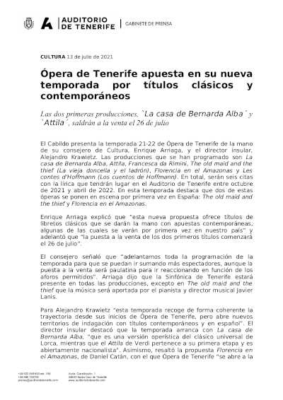 La Ópera de Tenerife presenta su nueva temporada lírica 2021 – 2022