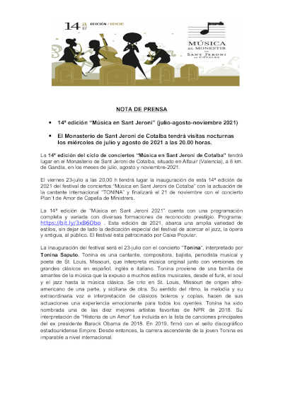 Ha sido presentada la edición 2021 del Festival Música al Monestir de Sant Jeroni de Cotalba