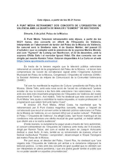 Á Punt Mèdia retransmitirá dos conciertos de la Orquesta de València con la 4º de Mahler y Egmont de Beethoven