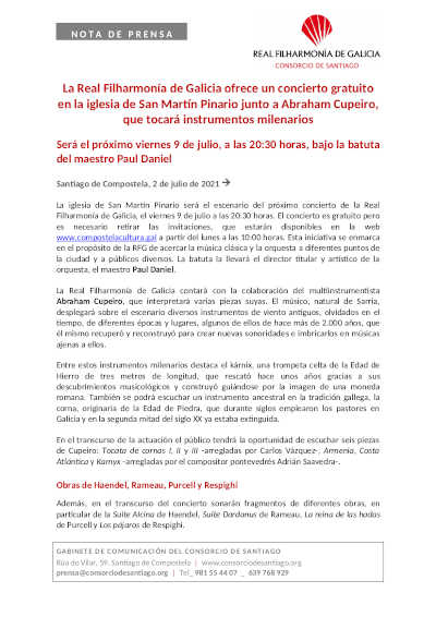 La Real Filharmonía de Galicia ofrece un concierto gratuito en la iglesia de San Martín Pinario