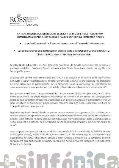 La Real Orquesta Sinfónica de Sevilla y el trompetista Fábio Brum, graban el disco «Alchemy»