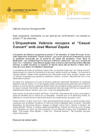 L’Orquestra de València recupera el “Casual Concert” con José Manuel Zapata