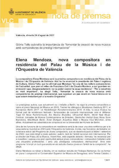 Elena Mendoza, nueva compositora en residencia del Palau de la Música y de la Orquesta de València