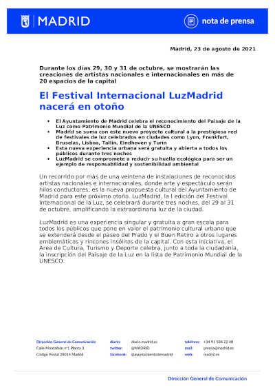 El Festival Internacional LuzMadrid nacerá en otoño