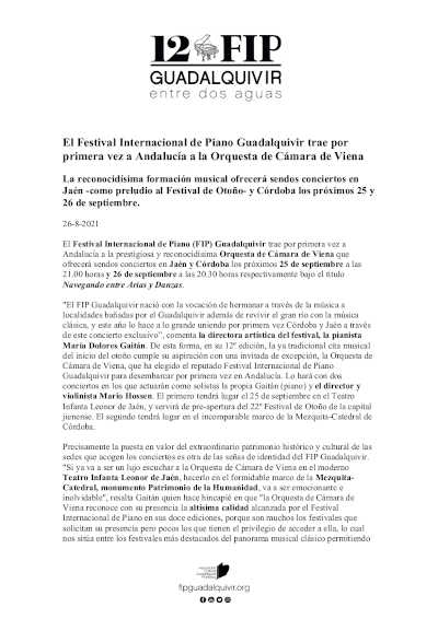 El Festival Internacional de Piano Guadalquivir trae por primera vez a Andalucía a la Orquesta de Cámara de Viena