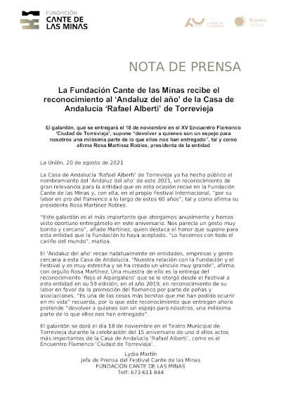 La Fundación Cante de las Minas recibe el reconocimiento al ‘Andaluz del año’ de la Casa de Andalucía ‘Rafael Alberti’