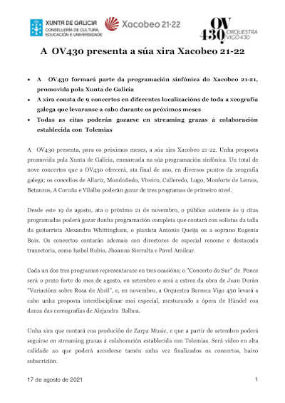 Ha sido presentada la Gira Xacobeo de la Orquestra Sinfónica Vigo 430