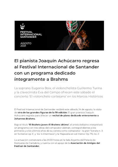 El pianista Joaquín Achúcarro regresa al Festival Internacional de Santander con programa dedicado a Brahms
