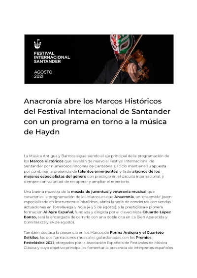 Anacronía abre los Marcos Históricos del Festival Internacional de Santander con un programa en torno a la música de Haydn Anacronía abre los Marcos Históricos del Festival Internacional de Santander con un programa en torno a la música de Haydn