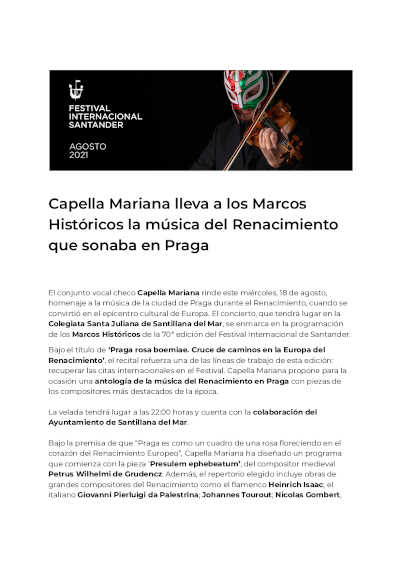 Capella Mariana lleva música del Renacimiento en Praga, a Marcos Históricos del Festival Internacional de Santander
