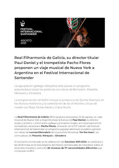 Real Filharmonía de Galicia y Pacho Flores viajan de Nueva York a Argentina en el Festival Internacional de Santander Real Filharmonía de Galicia y Pacho Flores viajan de Nueva York a Argentina en el Festival Internacional de Santander