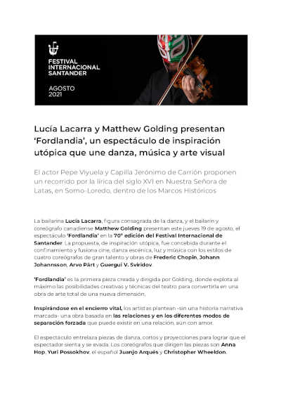 Lucía Lacarra y Matthew Golding presentan ‘Fordlandia’ en el Festival Internacional de Santander