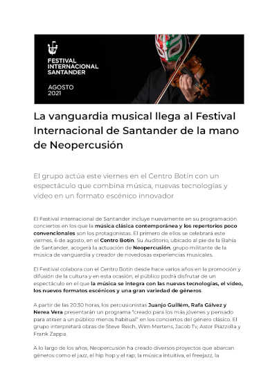 La vanguardia musical llega al Festival Internacional de Santander de la mano de Neopercusión