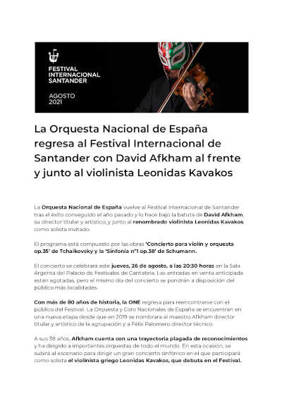 La Orquesta Nacional de España regresa al Festival Internacional de Santander con David Afkham y Leonidas Kavakos