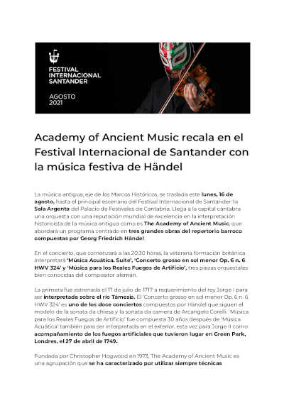 Academy of Ancient Music recala en el Festival Internacional de Santander con la música festiva de Händel