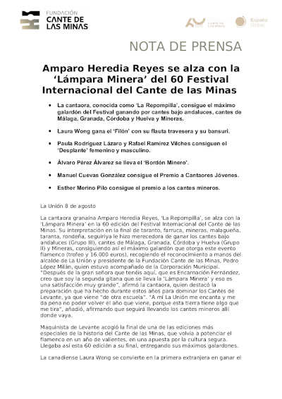 Amparo Heredia Reyes se alza con la ‘Lámpara Minera’ del 60 Festival Internacional del Cante de las Minas