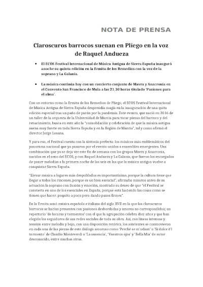 Claroscuros barrocos suenan en Pliego en la voz de Raquel Andueza en el ECOS Festival de Sierra Espuña