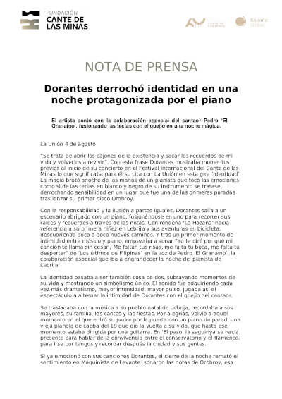 Dorantes derrochó identidad en una noche protagonizada por el piano en el Festival Internacional del Cante de las Minas Dorantes derrochó identidad en una noche protagonizada por el piano en el Festival Internacional del Cante de las Minas