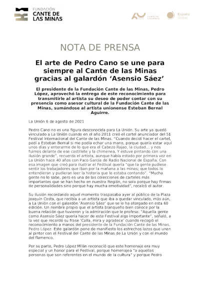 El arte de Pedro Cano se une para siempre al Cante de las Minas gracias al galardón ‘Asensio Sáez’