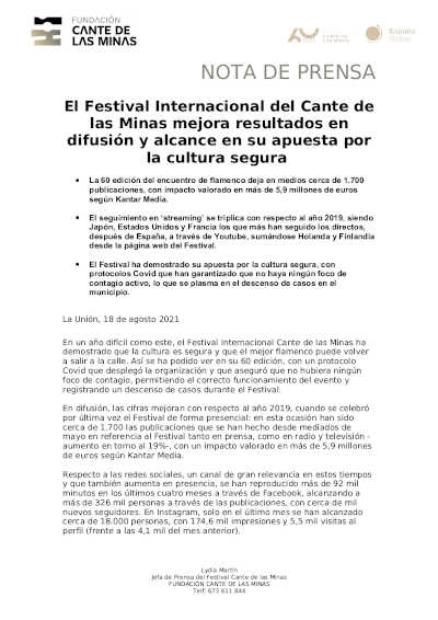 El Festival Internacional del Cante de las Minas mejora resultados en difusión y alcance en su apuesta por la cultura segura