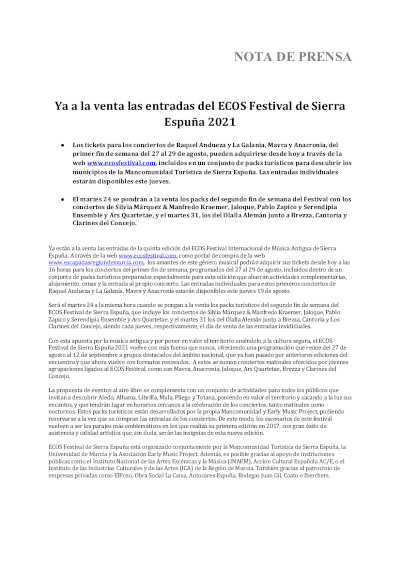 Ya a la venta las entradas del ECOS Festival de Sierra Espuña 2021