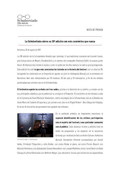 Balance de la Schubertíada, que cierra su 29a edición con más conciertos que nunca