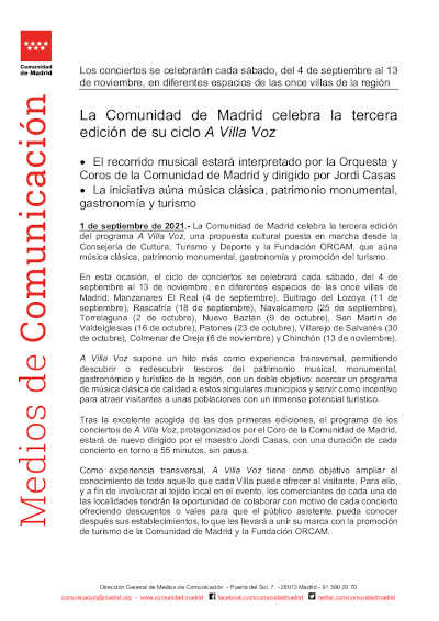 La Comunidad de Madrid celebra la tercera edición de su ciclo A Villa Voz