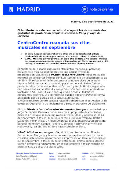 CentroCentro reanuda sus citas musicales en septiembre con Acusticos, Disidencias y VANG