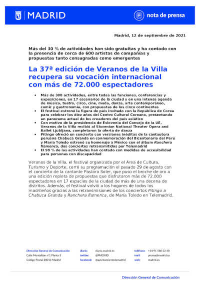 La 37º edición de Veranos de la Villa recupera su vocación cón internacional con más de 72.000 espectadores